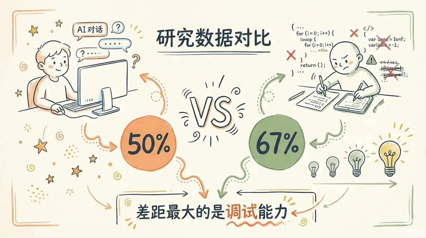 研究数据对比：AI 辅助组 50% vs 手写组 67%