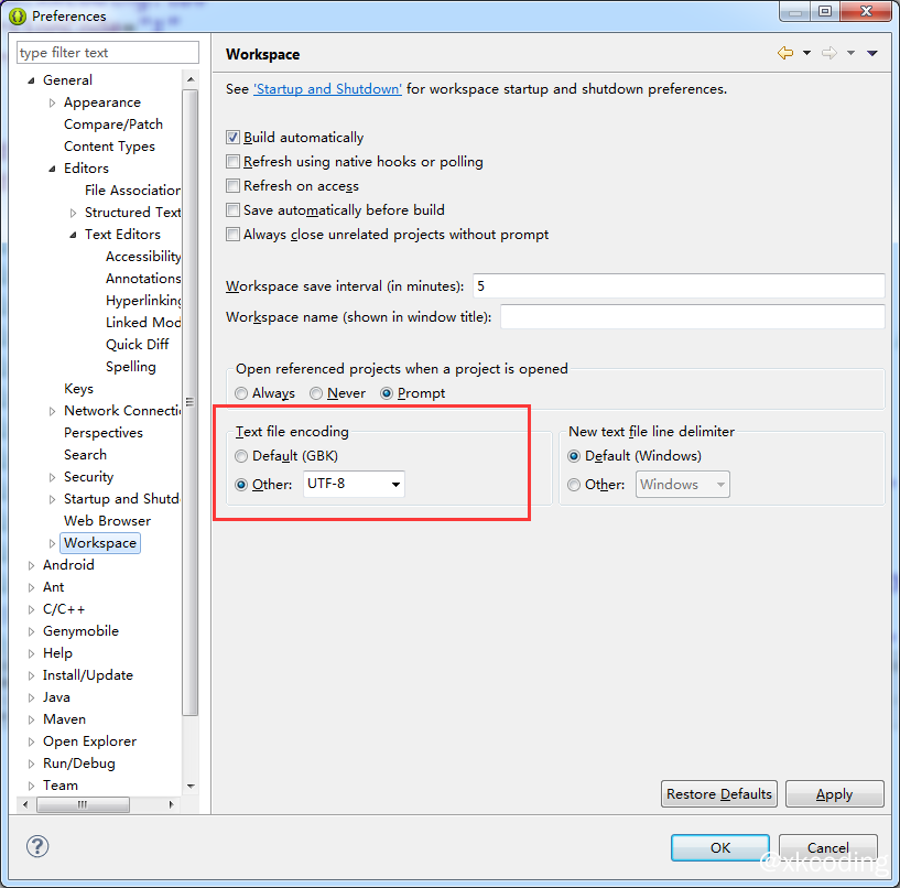 设置工作空间编码为UTF-8